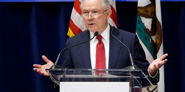 U.S. Attorney General Jeff Sessions addresses the California Peace Officers' Association at the 26th Annual Law Enforcement Legislative Day, Wednesday, March 7, 2018, in Sacramento, Calif. Sessions told law enforcement officers at the conference Wednesday that the Justice Department sued California because state laws are preventing federal immigration agents from doing their jobs. (AP Photo/Rich Pedroncelli)