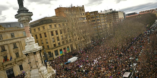Thousands of demonstrators protest male violence against women and demanding an equality labour opportunities at the Paseo Sarasate Promenade.
