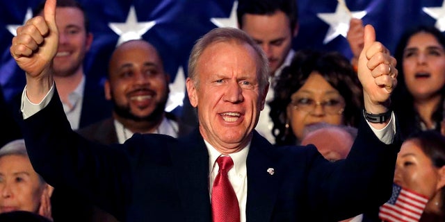 Illinois Republican Gov. Bruce Rauner addresses the crowd on primary election night, in Chicago, March 20, 2018.