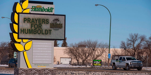 The welcome sign in Humboldt, Saskatchewan, Canada, honoring the members of the Humboldt Broncos hockey team in on Saturday.