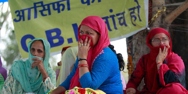 Village women sit on a hunger strike demanding that the investigation into the rape and murder of 8-year-old girl Asifa be handed over to the Central Bureau of Investigation (CBI), claiming that the six Hindu men accused in the attack had been framed and that the police investigation was flawed, in Kathua, India.