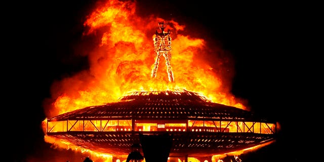 The "Man" burns on the Black Rock Desert at Burning Man near Gerlach, Nev.