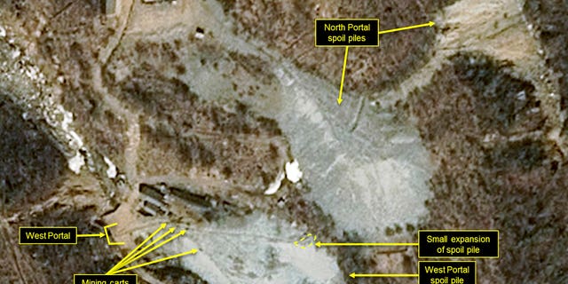 This satellite image released and notated by Airbus Defense & Space and 38 North on March 30, 2018, shows the Punggye-ri nuclear test site in North Korea.