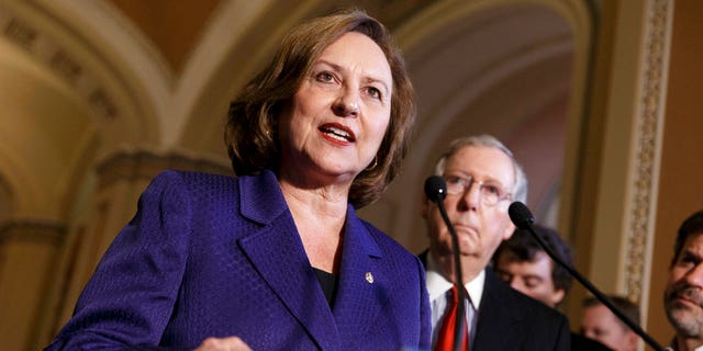 In this April 8, 2014, file photo, Sen. Deb Fischer, R-Neb., accompanied by Senate Minority Leader Mitch McConnell of Ky., talks during a news conference on Capitol Hill in Washington.