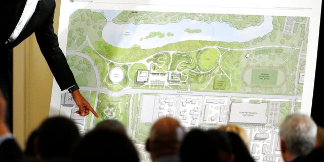 Former President Barack Obama describes the plans for the Obama Presidential Center during an appearance in Chicago.