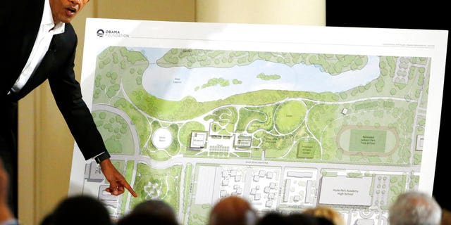 Former President Barack Obama describes the plans for the Obama Presidential Center during an appearance in Chicago.