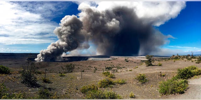 This photo from the U.S. Geological Survey shows activity at Halema'uma'u Crater that has increased to include the nearly continuous emission of ash with intermittent stronger pulses at Hawaii Volcanoes National Park on the island of Hawaii at around 9 a.m. Tuesday, May 15, 2018.