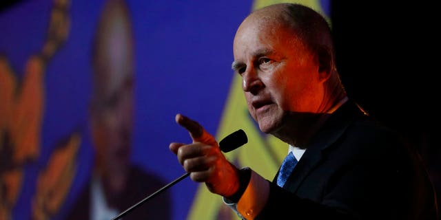 Gov. Jerry Brown speaks at the annual Sacramento Host Breakfast Thursday, May 24, 2018, in Sacramento, Calif. (AP Photo/Rich Pedroncelli)