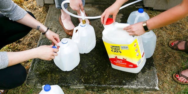 Willamette Humane Society staff members fill containers with well water from the shelter's pump house in Salem, Ore., May 30, 2018.