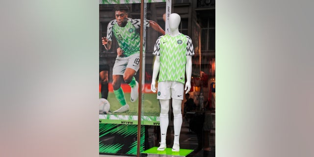 A Nigerian national soccer team jersey is on display at a shop in London.