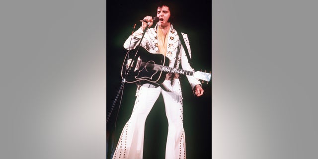In this 1973 file photo, Elvis Presley sings during a concert. A private jet once owned by Presley that has sat on a runway in New Mexico for nearly four decades is back on the auction block.