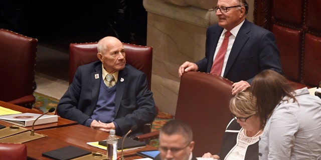 Sen. William Larkin, Jr., R-New Windsor, left, speaks with Deputy Majority Leader, Sen. John DeFrancisco, R-Syracuse, in the Senate Chamber at the state Capitol during the last scheduled day of the legislative session in Albany, N.Y., Wednesday, June 20, 2018.