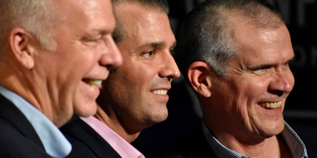 Appearing at the Montana GOP convention in Billings, from left, are U.S. Rep. Greg Gianforte, R-Mont., Donald Trump Jr., and U.S. Senate hopeful Matt Rosendale, June 22, 2018.