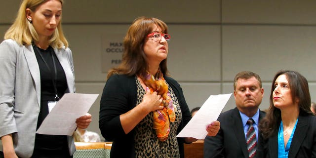 Olga Kasian, mother of Iana Kasian, addresses the court before a judge hands down a sentence of life in prison without the possibility of parole to killer Blake Leibel, in Los Angeles, June 26, 2018.