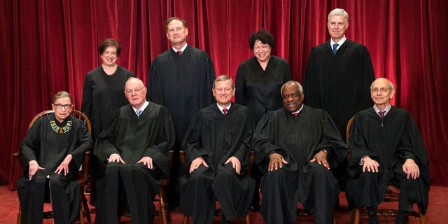 The justices of the U.S. Supreme Court gather for an official group portrait on June 1, 2017, to include new Associate Justice Neil Gorsuch, top row, far right at the Supreme Court Building in Washington. Seated, from left are, Associate Justice Ruth Bader Ginsburg, Associate Justice Anthony M. Kennedy, Chief Justice John Roberts, Associate Justice Clarence Thomas, and Associate Justice Stephen Breyer. Standing, from left are, Associate Justice Elena Kagan, Associate Justice Samuel Alito Jr., Associate Justice Sonia Sotomayor, and Associate Justice Neil Gorsuch.
