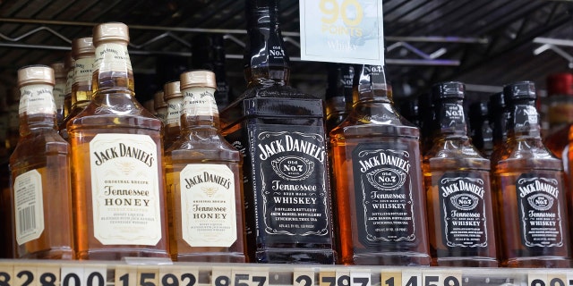 Bottles of Jack Daniel's liqueur and whiskey are displayed at Rossi's Deli in San Francisco, July 9, 2018.