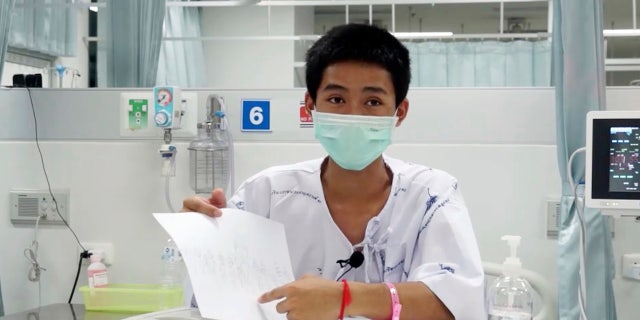 Adul Sam-on, one of the 12 boys rescued from the flooded cave, in their hospital room at Chiang Rai Prachanukroh Hospital in Chiang Rai province, northern Thailand.
