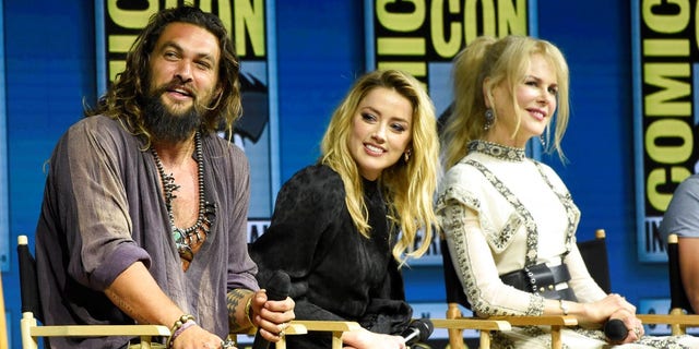 Jason Momoa, from left, Amber Heard and Nicole Kidman speak at the Warner Bros. Theatrical panel for "Aquaman" on day three of Comic-Con International on Saturday.
