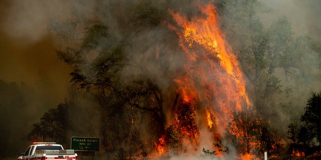 Flames from the Carr Fire lick above a Cal Fire truck in Whiskeytown, Calif., on Friday, July 27, 2018.