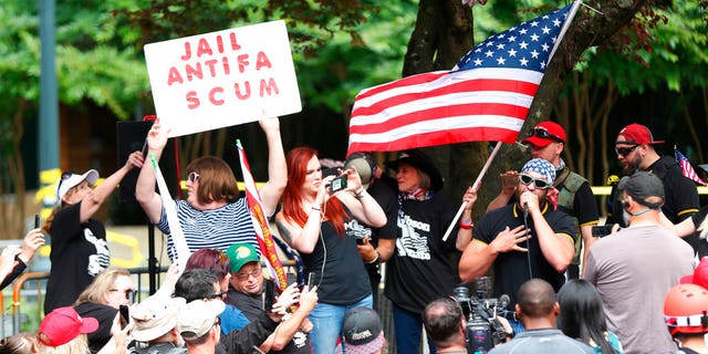 A rally organized Saturday by Patriot Prayer leader Joey Gibson was expected to be the third to roil Portland this summer; pictured is the June 30th rally.
