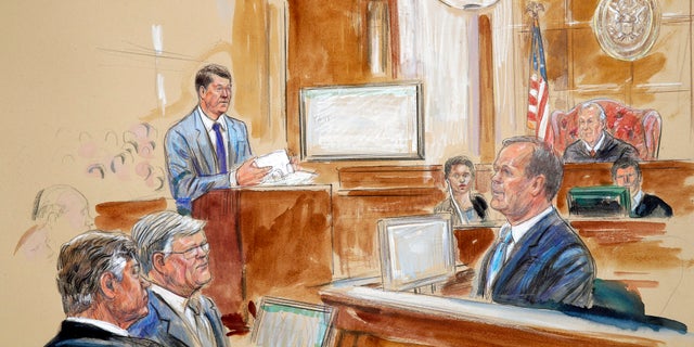 Prosecutor Greg Andres, standing at left in this courtroom sketch, has been rebuked multiple times for how he's looked at or spoken to Judge T.S. Ellis in court.