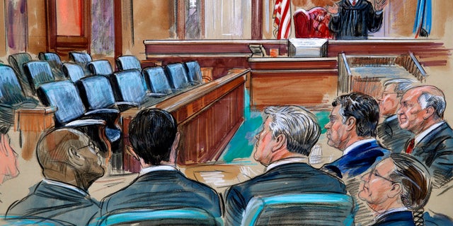 This courtroom sketch depicts U.S. District court Judge T.S. Ellis III speaking to the lawyers and defendant Paul Manafort, fourth from left, in Manafort's trial on bank fraud and tax evasion at federal court in Alexandria, Virginia.