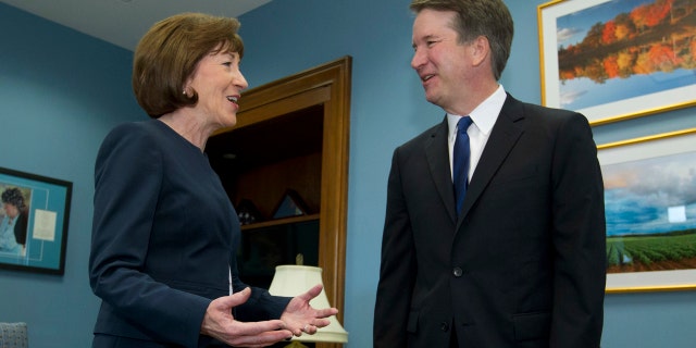Sen. Susan Collins, R-Maine, speaks with Supreme Court nominee Judge Brett Kavanaugh at her office, before a private meeting on Capitol Hill in Washington on Tuesday, Aug. 21, 2018.