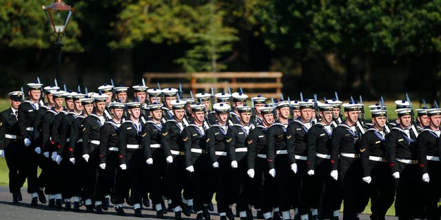 Navy band march prior to the arrival of Pope Francis at the Presidential residence in Dublin, Ireland