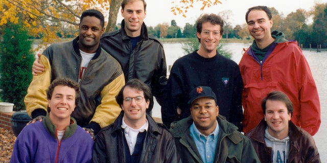 Supreme Court nominee Brett Kavanaugh, front row far right, poses with Yale University Law School classmates at Kavanaugh's parents' home in St. Michaels, Md. Front row from left are Steve Hartmann, Jim Brochin, Richard Roberts, and Kavanaugh. Back row from left are Ken Christmas, James Boasberg, Zeb Landsman, and Edmund Burns.