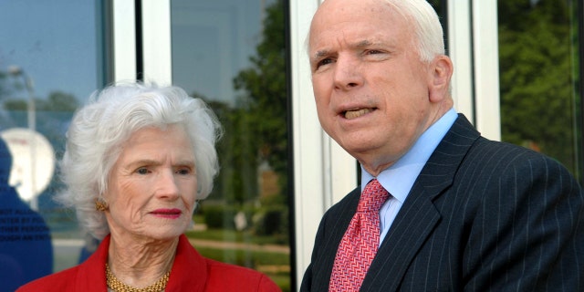 Then-Republican presidential hopeful Sen. John McCain, R-Ariz., talks to reporters after appearing on a television program with his mother, Roberta McCain, left, in Washington, May 13, 2007.