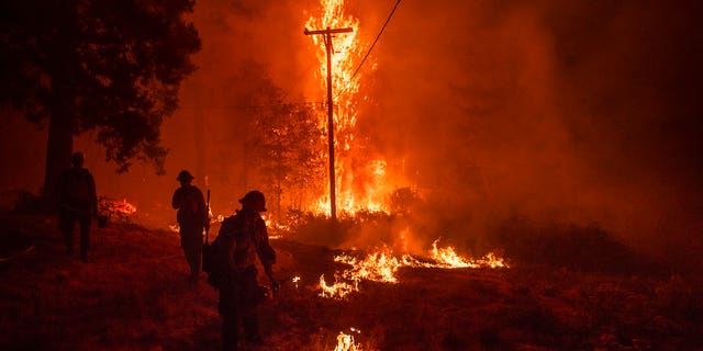 Firefighters light backfire while battling the Delta Fire in the Shasta-Trinity National Forest, Calif., on Thursday, Sept. 6, 2018.