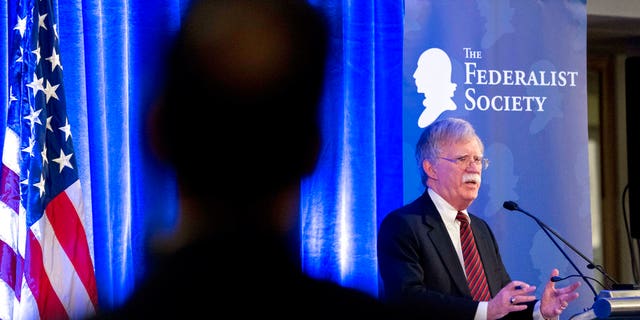 National security adviser John Bolton speaking at the Federalist Society luncheon on Monday in Washington, D.C.