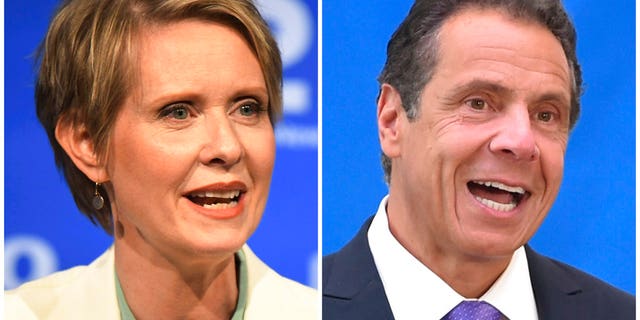 FILE: New York gubernatorial candidate Cynthia Nixon, left, speaks during a Democratic primary debate in Hempstead, N.Y., and Gov. Andrew Cuomo speaks at a press conference in New York.