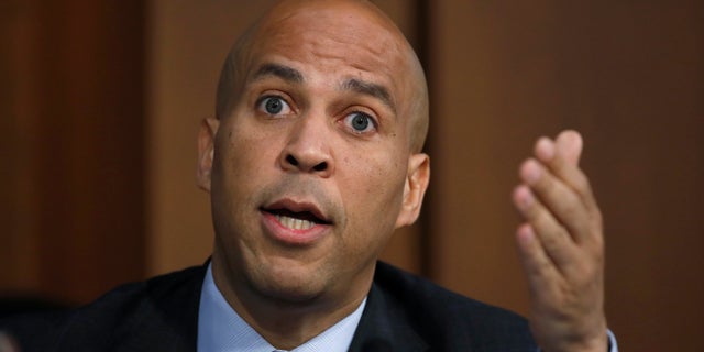 FILE - In this Sept. 6, 2018, file photo, Sen. Cory Booker, D-N.J., speaks before President Donald Trump's Supreme Court nominee, Brett Kavanaugh testifies before the Senate Judiciary Committee on Capitol Hill in Washington. Booker isn't being subtle. The Iowa caucuses are well over a year away, but the New Jersey senator is working overtime to make an impression here and in other states that will be crucial to winning the Democratic presidential nomination in 2020. (AP Photo/Alex Brandon, File)