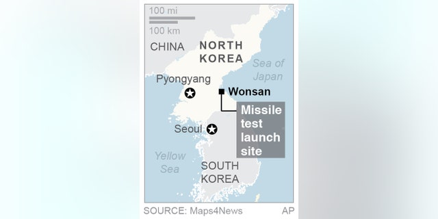 A map showing Wonsan, North Korea, the site of a failed missile test launch.