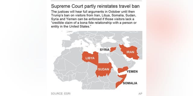 Map locates the countries included in Trumpâs travel ban; 2c x 3 inches; 96.3 mm x 76 mm;