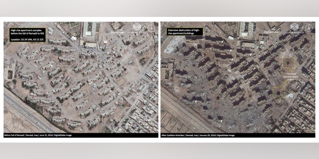 This combination of two satellite photos provided by DigitalGlobe and analyzed by Allsource Analysis shows a high-rise apartment complex in Ramadi in June 2014, before ISIS took the city, and in January 2016, after coalition airstrikes and heavy fighting.