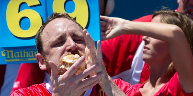 Joey Chestnut wolfing down hot dogs on July 4, 2016.