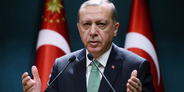 FILE -- Turkey's President Recep Tayyip Erdogan addresses a meeting in Ankara, Turkey.