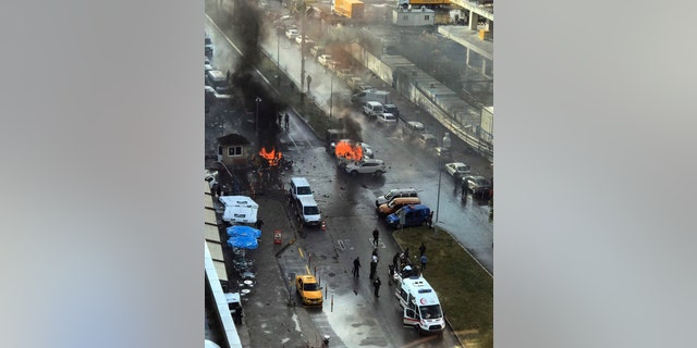 Cars burning after the explosion in Izmir.