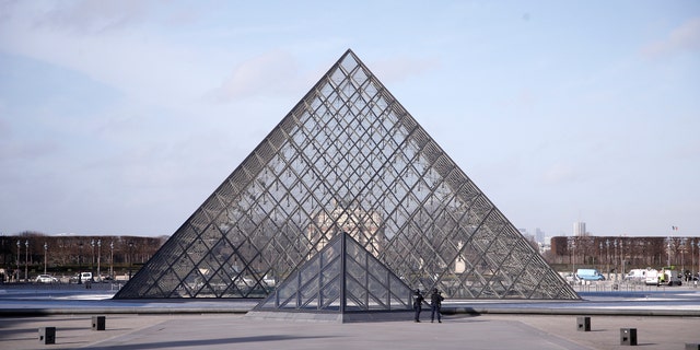 The Louvre pyramid protected by Paris police in February 2017. (AP Photo/Thibault Camus)