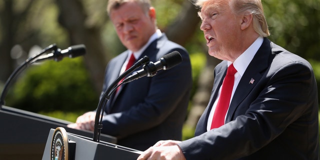 President Donald Trump and Jordan's King Abdullah II hold a news conference in the Rose Garden at the White House in Washington, Wednesday, April 5, 2017.