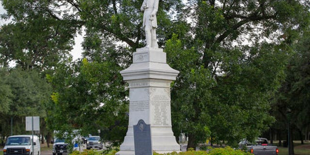 The Richard Dowling statue is shown near the entrance to Hermann Park Monday, Aug. 21, 2017, in Houston. A Houston man was taken into custody on allegations he tried to plant explosives at the statue of Confederate officer Richard Dowling in Hermann Park, according to a high-level law enforcement official familiar with the investigation.(Steve Gonzales/Houston Chronicle via AP)