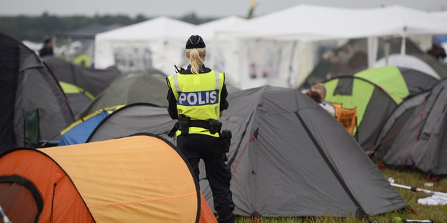 Security in a campsite at the Bravalla Festival.