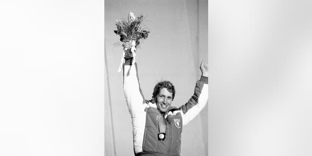 Bill Johnson celebrating his gold medal win in 1984.