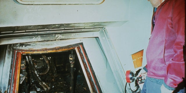 A 1967 file photo shows the charred interior of the Apollo 1 capsule.