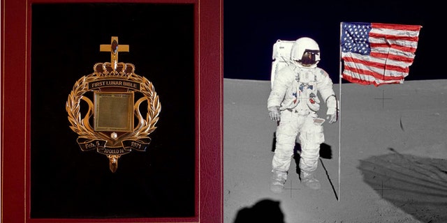 The tiny Bible that traveled to the Moon/File photo of astronaut Edgar Mitchell on the lunar surface (Nate D. Sanders Auctions/NASA)