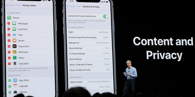 Craig Federighi, Apple's senior vice president of Software Engineering, speaks about content and privacy during an announcement of new products at the Apple Worldwide Developers Conference Monday, June 4, 2018, in San Jose, Calif. (AP Photo/Marcio Jose Sanchez)