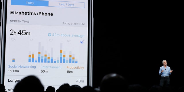 Craig Federighi, Apple's senior vice president of Software Engineering, speaks about screen time during an announcement of new products at the Apple Worldwide Developers Conference Monday, June 4, 2018, in San Jose, Calif. (AP Photo/Marcio Jose Sanchez)