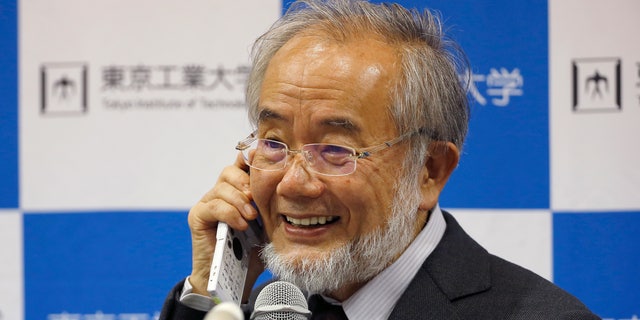 Nobel Prize winner Yoshinori Ohsumi smiles as he speaks with Japanese Prime Minister Shinzo Abe on a mobile phone during a press conference at the Tokyo Institute of Technology in Tokyo Monday, Oct. 3, 2016. Ohsumi won the Nobel Prize in medicine on Monday for discoveries on how cells break down and recycle content, a garbage disposal system that scientists hope to harness in the fight against cancer, Alzheimerâs and other diseases.